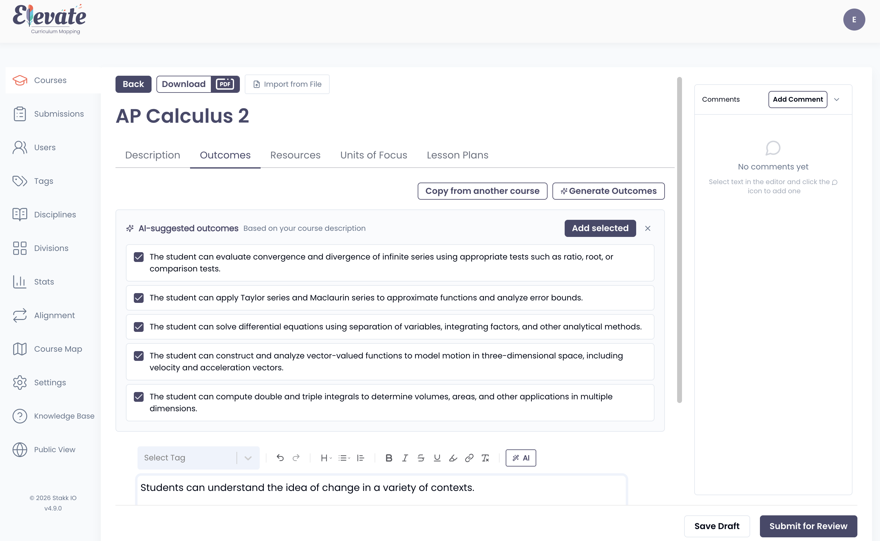 Elevate course editor with the AI assistant panel open, showing AI-generated learning outcome suggestions that a teacher can accept into a course