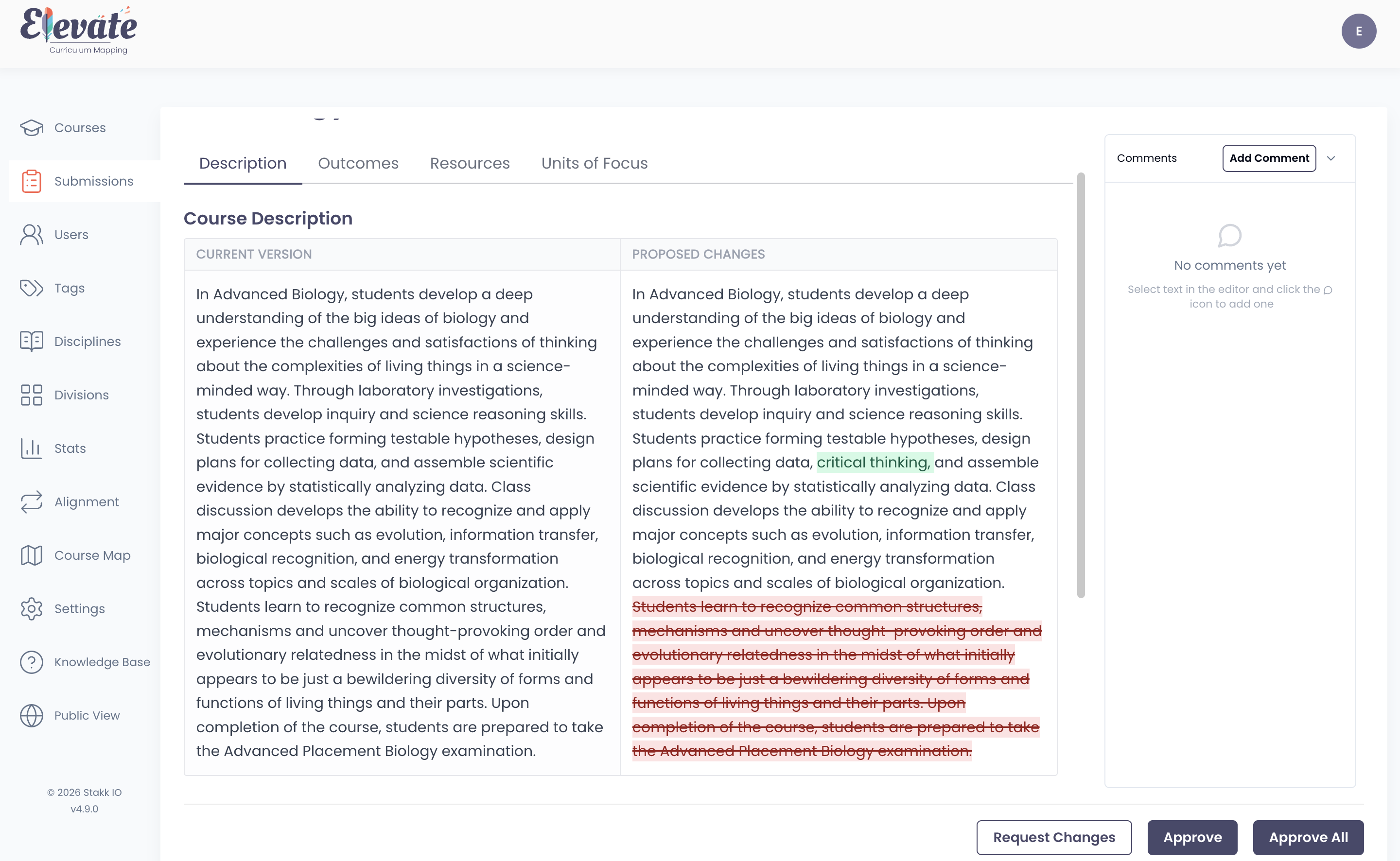 Elevate submission review screen showing a before-and-after comparison of a course, with proposed changes highlighted and Approve and Request Changes buttons